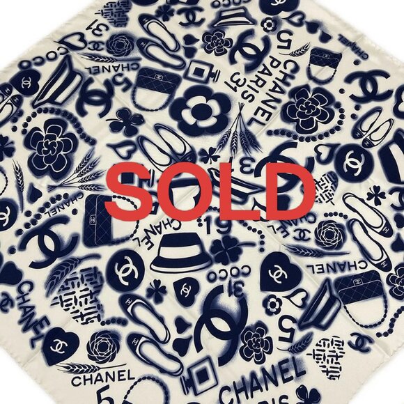 CHANEL - White Navy Silk Scarf 428-072525 - Picture 1 of 5